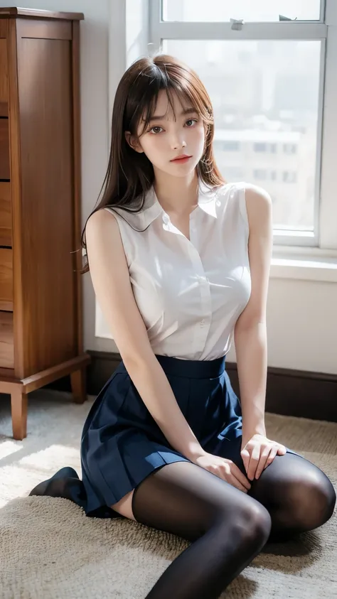 No face,Film texture,Natural Light, Delicate details ,Beautiful face,Model photo shoot, Beautiful details Eyes ,Very slender eyes, Beautiful eyelashes , Beautiful double eyelids , best quality,School Uniform,Big breasts,Photo Studio,office skirt,UNIQLO,L...