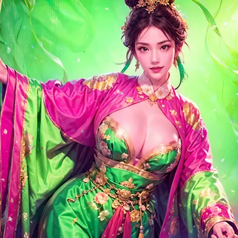 beautiful woman holding hands , Three Kingdoms costume , dynamic pose, A seductive expression, sexy body, neutral color costume , High definition, Change the background