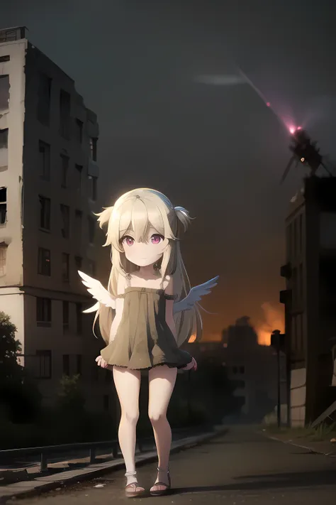 cute girl with angel wings, ruined buildings in the background, smoldering decay, city after bombardment, long blonde hair, red ...