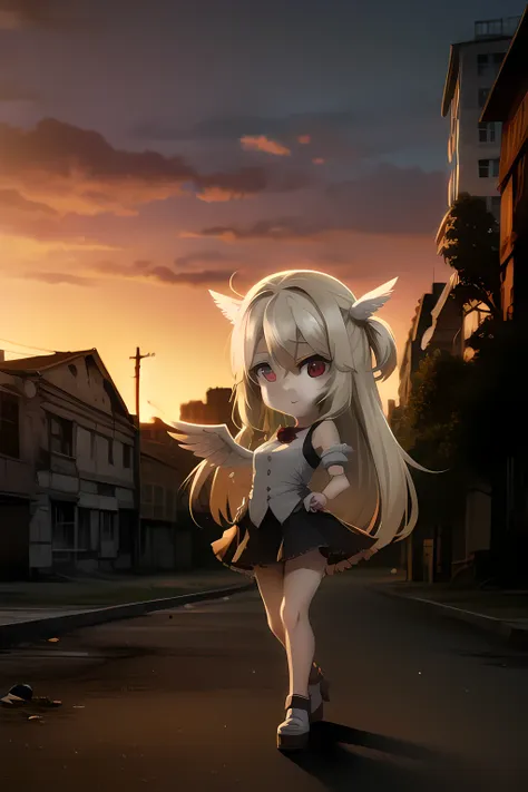 cute girl with angel wings, ruined buildings in the background, smoldering decay, city after bombardment, long blonde hair, red ...