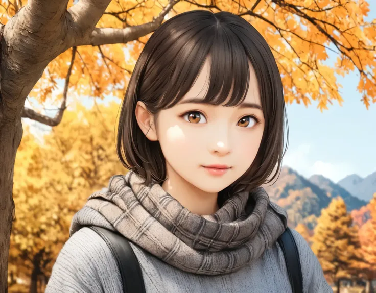 (best quality, 8k, high resolution:1.2), 1girl, shiitake tree, autumn, upper body