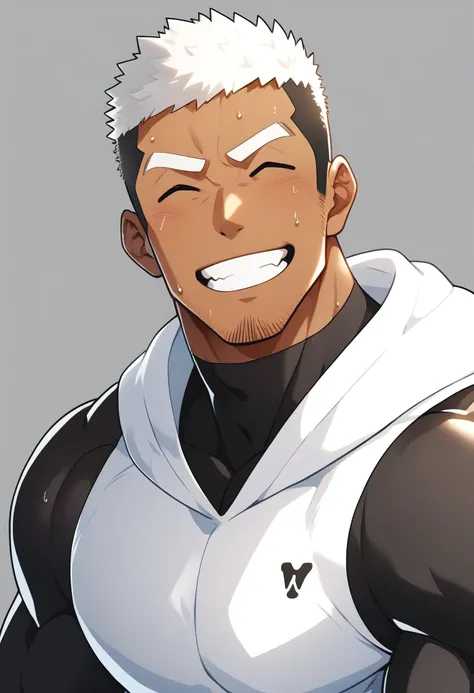 One Black person, anime characters：Gyee, Young Muscle Sports Sexy Teacher, sweat, negro black skin, pectoralis major, male focus, White hooded sports sweatshirt, Wear a black high-necked tights inside, Very tight, muscular male, muscular, only, Upper body,...