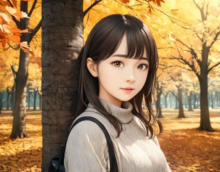 (best quality, 8k, high resolution:1.2), 1girl, shiitake tree, autumn, upper body