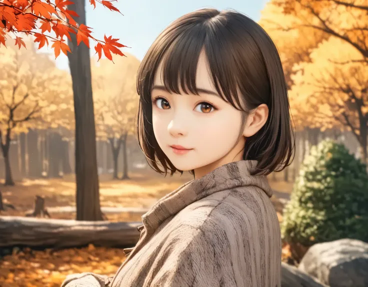 (best quality, 8k, high resolution:1.2), 1girl, shiitake tree, autumn, upper body