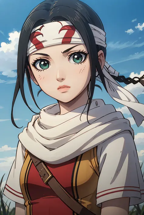 ((masterpiece、Highest quality、Super detailed))、1 girl、solo、scarf、head band、arms、Best Quality、Black Hair、Braid、ponytail、Green Eyes、Headband、Upper Body、looking at the camera、grassland