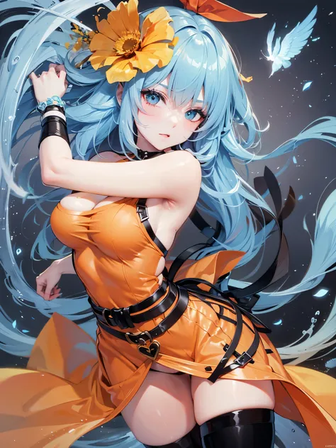 masterpiece, best quality, BREAK, solo, Rocbouquet, Romancing SaGa, BREAK, light blue hair, (golden eyes:1.2), (dark orange short dress), plunging neckline, off-shoulder, cleavage, (thigh gap), black thighhighs, BREAK, (bouncing large breasts with motion l...