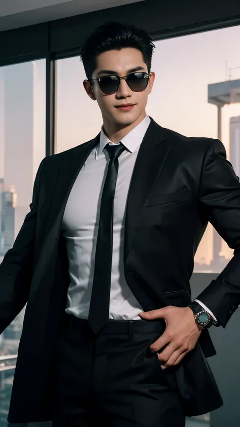 (Men)), (full body shot), (front view), (full body view), (Handsome muscular man in his 30s wearing black pilot sunglasses, and luxury black shirt with necktie), zi wang (Prince chiu), Mischievous smile, (detail: 1 in 1), Natural muscles, HIG quality, beau...