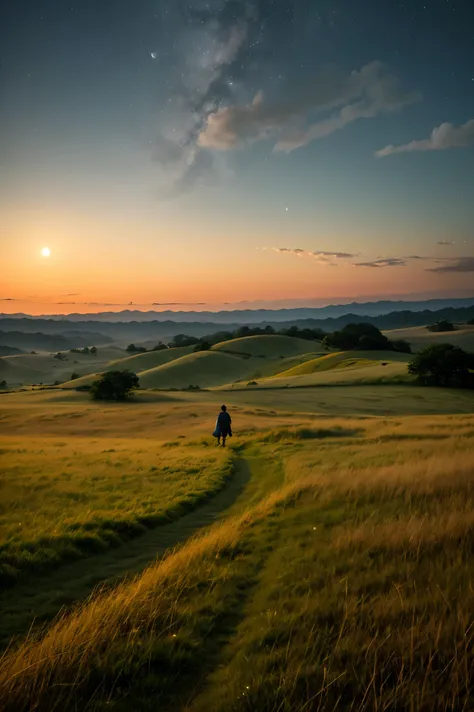 daybreak, sunrise、Gloomy sky、star、moon、Vast land、grassland、universe、金star、On the Hill