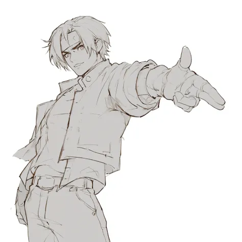 masterpiece、 highest quality、8K、Full body portrait、Fighting Stance、Fighting scenes： 1. 5,(Kyo Kusanagi), Standing sideways，Raise a hand，Pointing lens ，Eyes look at the screen