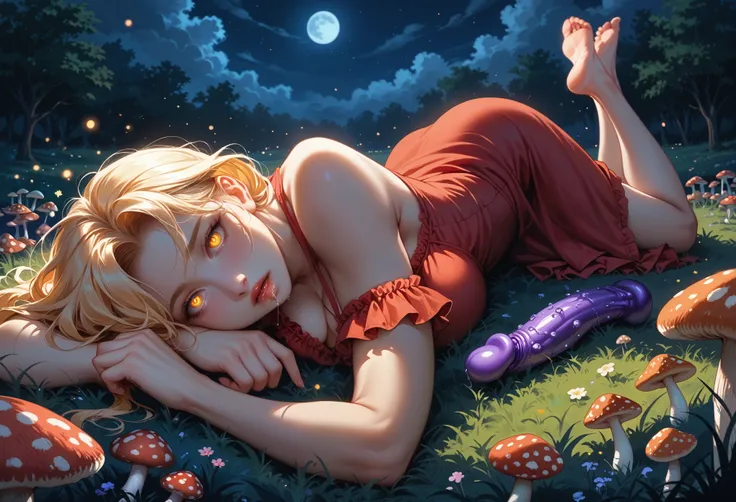 (1girl, solo:1.2, (shes lying, falling asleep, grabbing a dildo, saliva, seductive)), (girl is (long blonde hair):1.2, (perfect body), (detailed olive eyes), (wearing red peasant short dress, cleavage, ruffled):1.2, barefoot ), (full body), (crop field, ni...