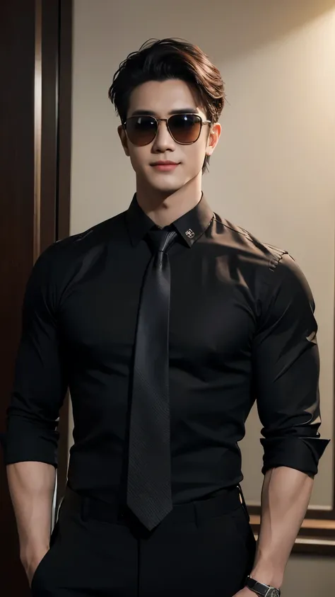 (Men)), (full body shot), (front view), (full body view), (Handsome muscular man in his 30s wearing black pilot sunglasses, and luxury black shirt with necktie), zi wang (Prince chiu), Mischievous smile, (detail: 1 in 1), Natural muscles, HIG quality, beau...