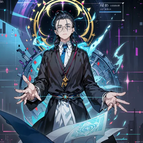 Create a surreal cyber-spiritual scene featuring Erich Fromm as an enlightened elder, his traditional philosophers robes embedded with circuitry patterns. His slicked-back hair and glasses should reflect both digital and divine light. Show him teaching ami...