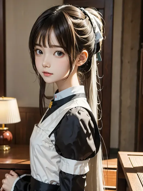 maid uniform, cute girl ,masterpiece, kampala,8k,16k, white skin, ponytail,shooting from the side