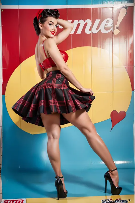 Pinup girl leans forward at full height adding mystery and sexuality. ((Full length, fluffy skirt rides up in the strong wind)), ((pin-up style mini skirt)), ((girl bends down to her legs.)) She stands on her feet, leaning forward in the style of pin-up po...