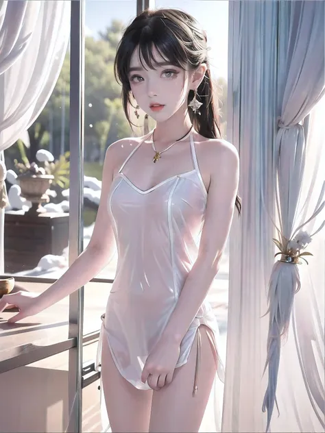 ((a woman)), sexy chinese female star with beautiful face,  transparent dress made of melted slime, melted slime adheres perfect...