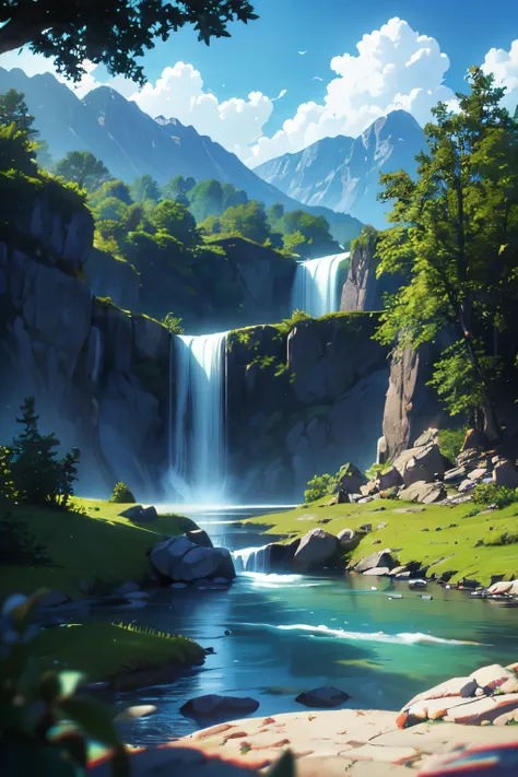 masterpiece, best quality, high quality, extremely detailed CG unity 8k wallpaper, scenery, outdoors, sky, cloud, day, no humans, mountain, landscape, water, tree, blue sky, waterfall, cliff, nature, lake, river, cloudy sky,award winning photography, Bokeh...