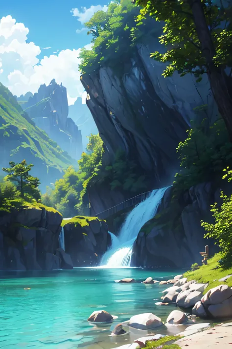 masterpiece, best quality, high quality, extremely detailed CG unity 8k wallpaper, scenery, outdoors, sky, cloud, day, no humans, mountain, landscape, water, tree, blue sky, waterfall, cliff, nature, lake, river, cloudy sky,award winning photography, Bokeh...