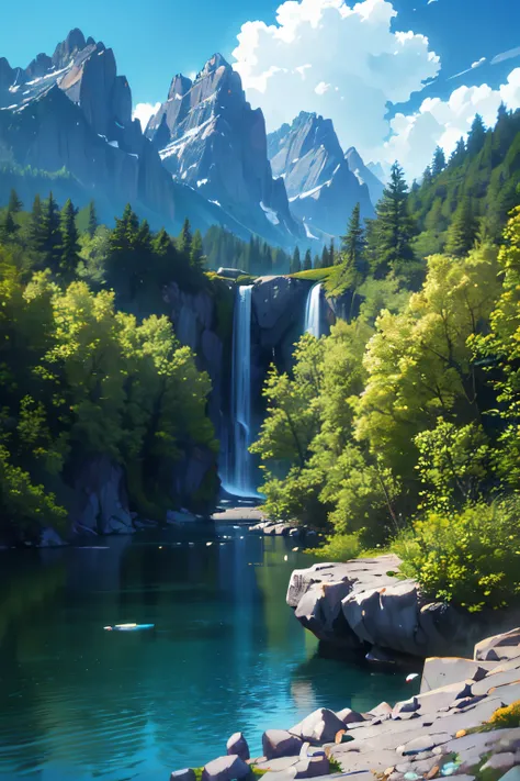 masterpiece, best quality, high quality, extremely detailed CG unity 8k wallpaper, scenery, outdoors, sky, cloud, day, no humans, mountain, landscape, water, tree, blue sky, waterfall, cliff, nature, lake, river, cloudy sky,award winning photography, Bokeh...