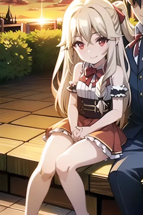 1boy and 1girl with long blonde hair and ruby red eyes spreading pussy with a smile, sitting outside in the city center with her...