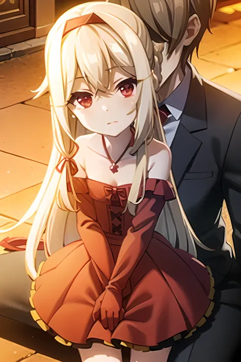 1boy and 1girl with long blonde hair and ruby red eyes in a golden dress, sitting outside in the city center with her head on hi...