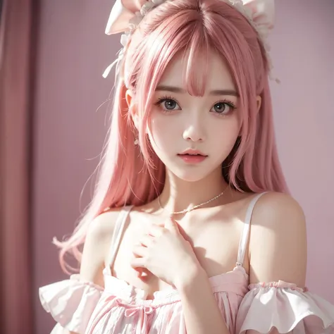 super cute girl wearing a lolita dress， pink hair . 8k ultra hd image quality, delicate texture, pure white background.