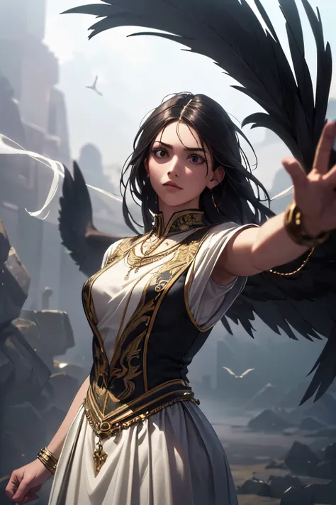 The scene is atmospheric and open, ancient sacrificial pictures, smoky and full of smoke, birds in human clothes dancing, worshiping Sunday, (detailed costume details, detailed clothing light sense), faintly appearing, detailed bird feather details, cumber...