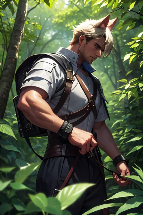 A man dressed as a knight with his dog in a tropical forest, high quality, photorealistic, 8K  