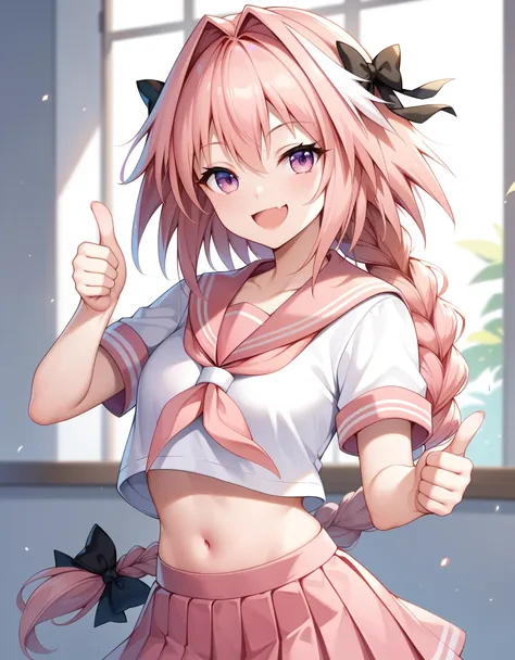 masterpiece, best quality, highres, astolfo, single braid, sailor uniform, serafuku, pink sailor collar, midriff, pink skirt, wh...