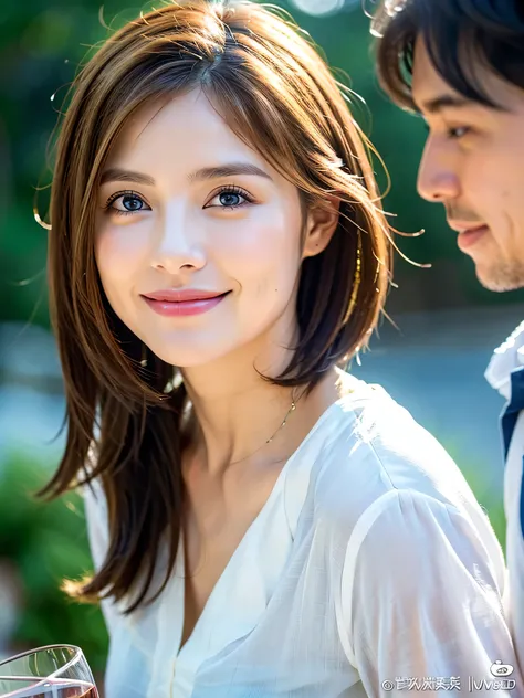 ((White Wine)),((Wine Glasses)),(Realistic, superrealistic:1.4), 16K HDR, Kampala ,((White Wine)),((Wine Glasses)),pink、Happy smile、short hair,The best smile、Japanese actress, so beautiful(It looks like the real thing),dress、Slim couple、Model Couple、(Real...