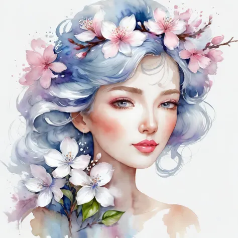 Painting of a woman with blossom flower White pink lilac blue in the hair, detailed watercolor art, digital painting in watercolor, watercolor illustration, watercolor illustration style, watercolor painting, watercolor art, Watercolor Digital, Watercolor ...