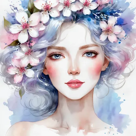 Painting of a woman with blossom flower White pink lilac blue in the hair, detailed watercolor art, digital painting in watercolor, watercolor illustration, watercolor illustration style, watercolor painting, watercolor art, Watercolor Digital, Watercolor ...