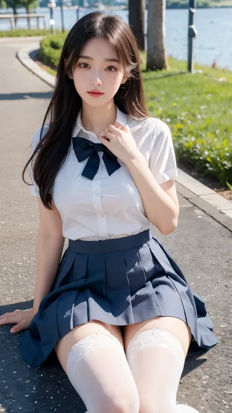 No face,Film texture,Natural Light, Delicate details ,Beautiful face,Model photo shoot, beautiful detailed eyes,Very slender eyes, Beautiful eyelashes , Beautiful double eyelids , best quality,School Uniform,Big breasts,office skirt,Lakeside,Legs stuck t...