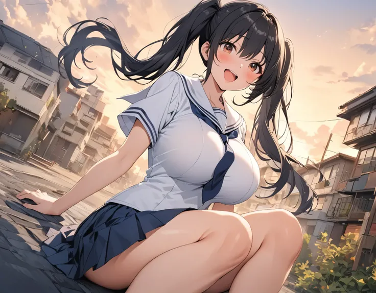 Alone:1.3 one-piece picture background is a composition seen from a distance in a residential area, black hair :1. 3 twin-tail middle hair, brown eyes, white ribbons, big breasts, thick legs, dark blue ties wearing a white summer sailor suit wearing a dark...