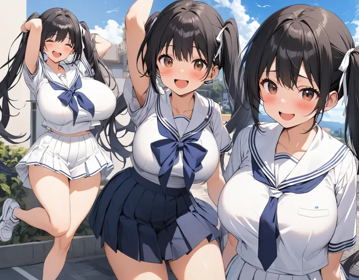 Alone:1.3 one-piece picture background is a composition seen from a distance in a residential area, black hair :1.A high school girl in a navy blue pleated skirt wearing a dark blue tie wearing a white summer sailor suit with brown eyes, round eyes, white ...