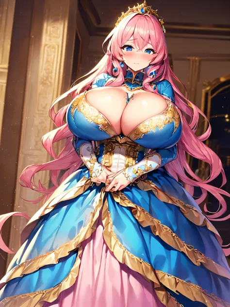 anime art style ,Best Quality ,Super Detail,(Very Delicate and Beautiful),((Solo)),looking away,(((bashful face))),(((1 pink Hair princess in beautiful embroidery and jeweled gorgeous rococo ballgown with voluminous full length crinoline hoop skirt))),((((gigantic breast)))),cleavage, curvy, Skindentation ,((detailed face and eyes,)),(((absurdly long pink wavy Hair, bangs between eyes))),((crinoline)),(blue eyes),beautiful embroidery and jeweled gold rococo ballgown with voluminous full length crinoline hoop skirt, voluminous rococo ballgown with voluminous full length crinoline hoop skirt,((bling-bling voluminous gold rococo ballgown with voluminous full length crinoline hoop skirt)),extremely gorgeous hair ornament,((extremely gorgeous big tiara)),luxurious jewelry,(((beautiful embroidery and jeweled gorgeous rococo ballgown with voluminous full length crinoline hoop skirt))),Gigantic breast,(((indoor, Inside a fantasy gorgeous castle ))),Looking at viewer, Elegant pose