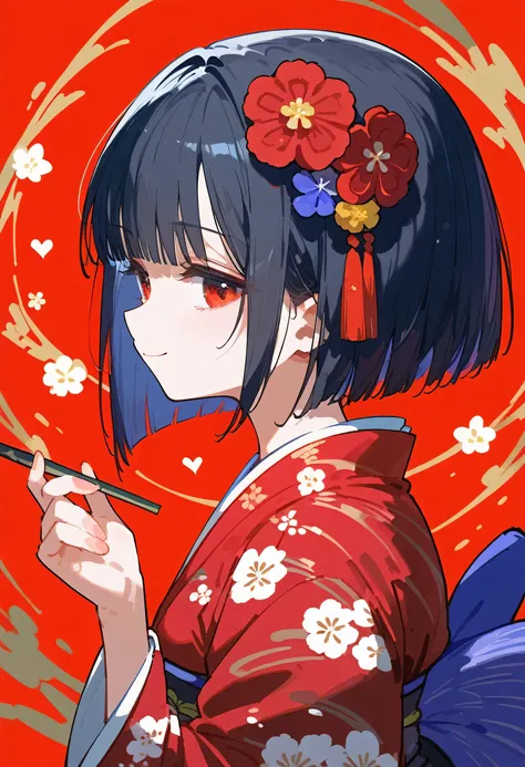 1 girl , score_9, score_8_up, score_7_up, Floral, , Closed Mouth, red kimono, from side, upper body, blunt end, Wide Sleeves , Japanese clothing, Hair Ornament, bob cut, staring at viewers , smile, standing , heart, flower, simple background, Long Sleeve ,...
