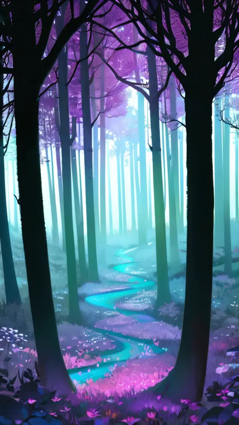 a magical forest where the trees are tall and thin, with translucent, glowing leaves in shades of emerald green, neon blue, and ...