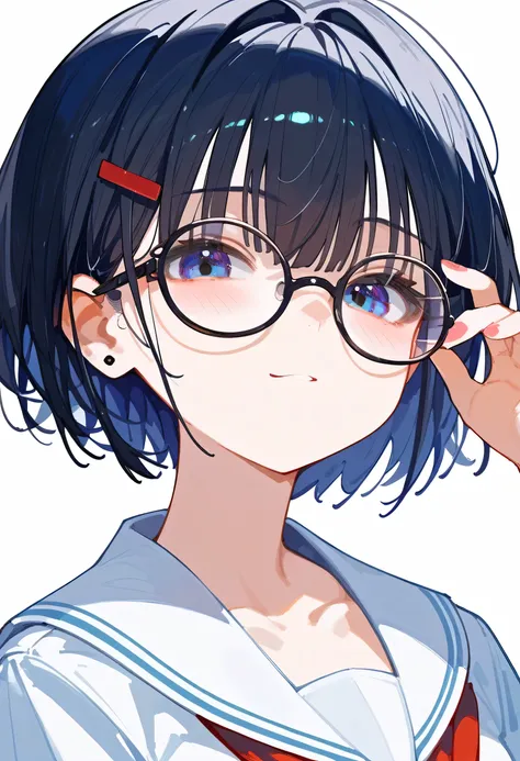 nai3, close up, masterpiece, Highest quality, One person, (highest quality、masterpiece:1.2) ((1 girl)) black hair、black eye、short hair (black school uniform) (flat chest) (Glasses) beautiful and well-shaped face、dark look