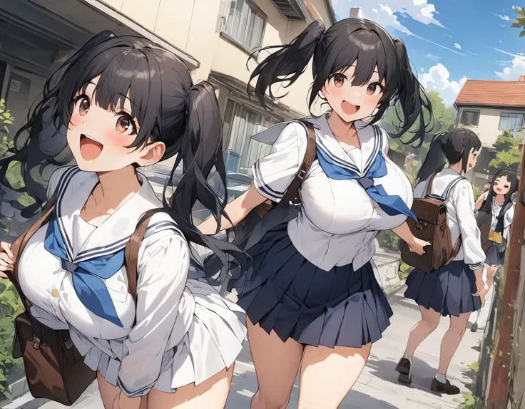 Alone:1.3 standing figures in the background is a composition seen from a distance in a residential area, black hair :1. 3 twin tails, dark blue pleated skirt with dark blue ties wearing white summer sailor suits with brown eyes, round eyes, white bows, bi...