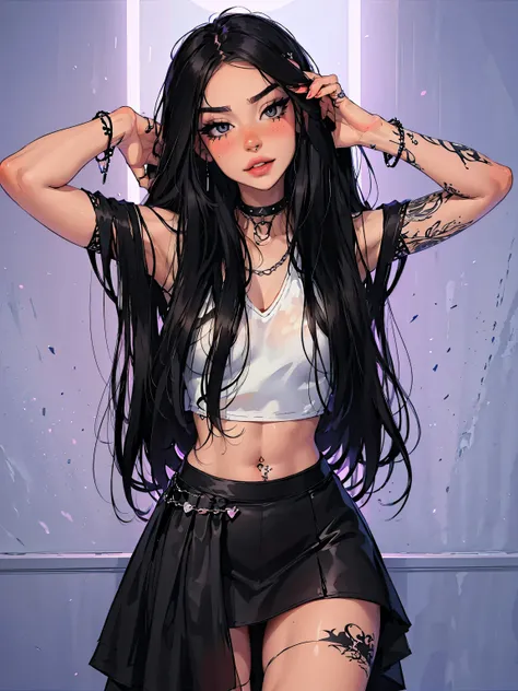 Teenage girl-model 1, beautiful, black hair, glossy hair, pretty eyes, beautiful figure, girl wearing loose white top, beautiful long legs, slave bracelets, slave choker, manicure, cute makeup, flirtatiously posing, hot summer, hot flirty, sexy posing, , t...