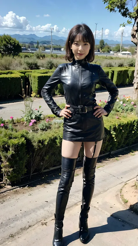 (8K、RAW Photos、Highest quality、masterpiece:1.2)、(Realistic、Realistic)、1 Girl、((Bondage、leather、Bodysuits、black、Thin legs、whole body、mini skirt、tights、boots、garden、View from the front、Looking into the camera、belt、Stand with hands on hips))、cute