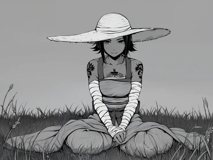 score_9, score_8_up, score_7_up, score_6_up, score_5_up, score_4_up, 1girl, sitting cross legged on grass, farmland background, (Straw hat hiding face: 1.0), bandaged forearms, bandaged chest, traditional japanese Kimono, fingerless gloves, tattoos, cool, ...