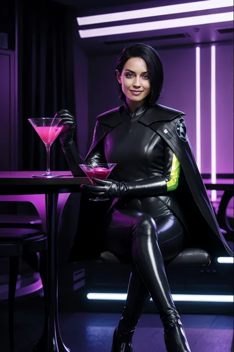 trilla,dark skin, short hair, green eyes, eye bags, eye shadow,armor,black gloves,tight bodysuit,black cape,black pants, looking at viewer, serious, tired, smiling, teeth, 
sitting, legs crossed, interior of a futuristic club, holding a martini glass with ...
