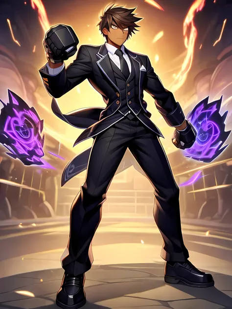 detailed,8k, Brown-skinned male wraith hunter in a suit with big clenched fists made of Astral Iron, Black clothing attack mode  (from the waist up
