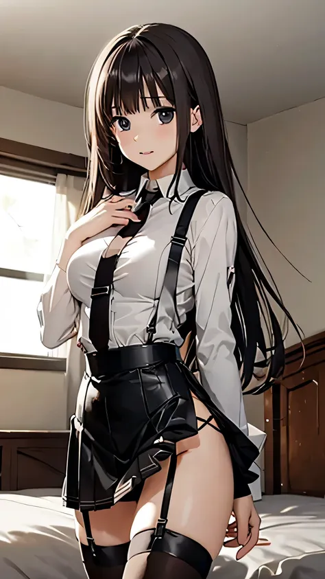 brown hair、watching at viewers　　　black suspenders　　　bulging big breasts　　 　 　　　walls: 　black miniskirt　garters　　　　　　gaze　　　small...