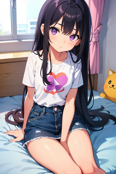 Elementary school student, , toddler, flat chest, black hair 　 straight long hair　Purple Eyes　（（One person））　 short sleeve t-shirt 　 Denim Miniskirt　 white panties to be covered　（（ I Can See His Panties））　 girls room　 sitting on bed　 Dynamic Angles  　Low a...