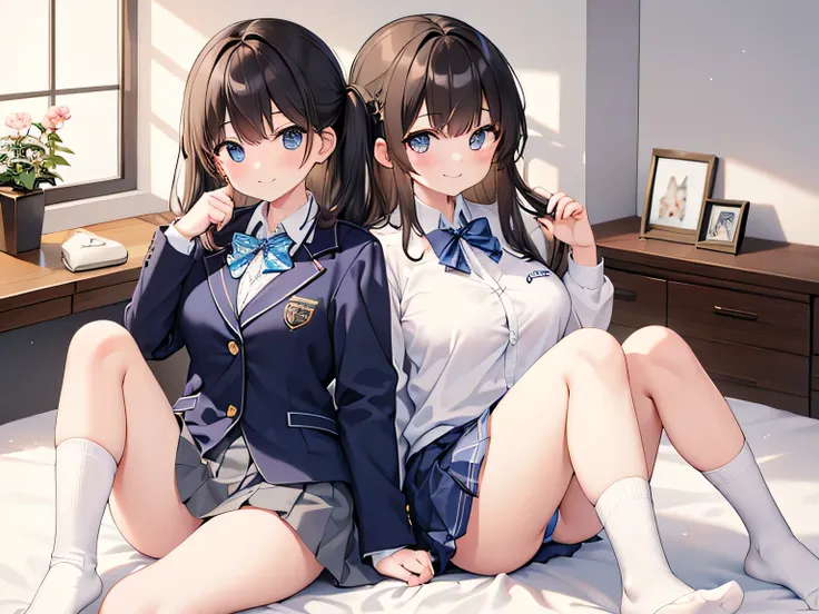 (masterpiece、Best Quality、 Kampala、 realistic pictures、Real looking skin:1.1)、 
( they are wearing dark blue blazers as outerwear {x} They are high school girls and are wearing plain white collared shirts as innerwear {x} Two women are sitting on their apa...