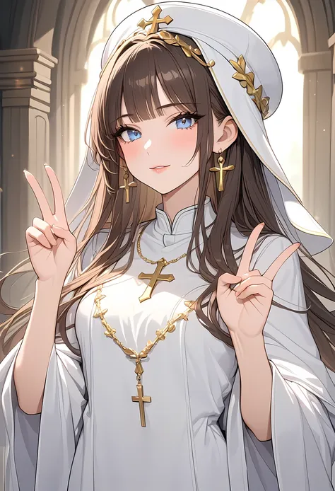 (((Best quality, 8k, Masterpiece: 1.3)), ((best quality)), ((masterpiece)), (detailed), perfect face, high detailed fingers, brown hair, long hair, tokin hat, tiara, Saint Lucia, Priest, Both hands making a V sign, White robe, Big cross necklace, gold cros...