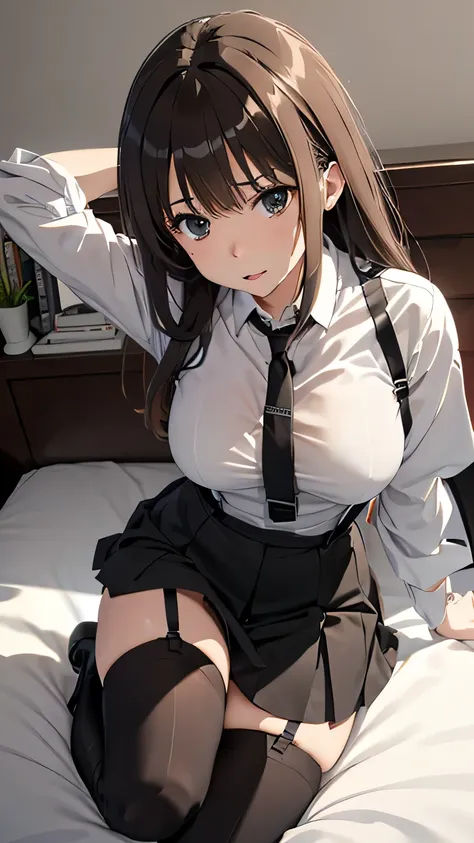 brown hair、watching at viewers　　　black suspenders　　　bulging big breasts　　 　 　　　walls: 　black miniskirt　garters　　　　　　gaze　　　small...