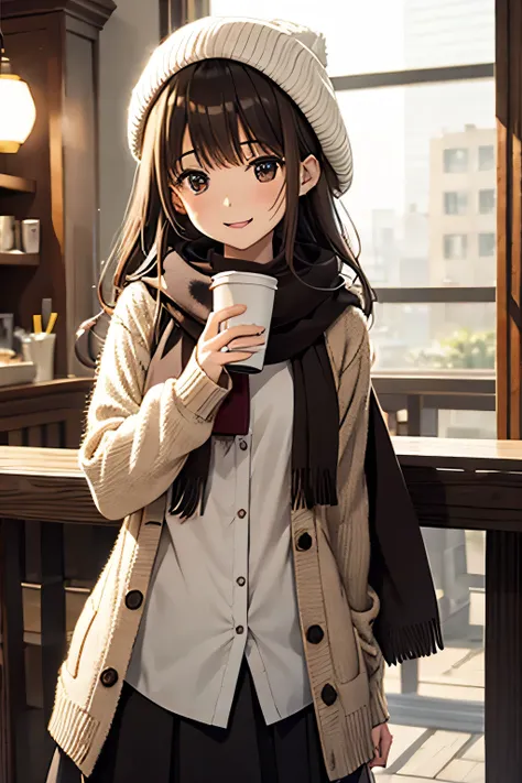 1 girl , 秋の紅leaf, bangs,  black headwear , blurred background, ,  brown eyes , brown hair, brown scarf, brown skirt,  cardigan, ...